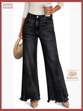 High Waisted Wide Leg Jeans Raw Hem Stretchy Straight Leg Baggy Denim Pants